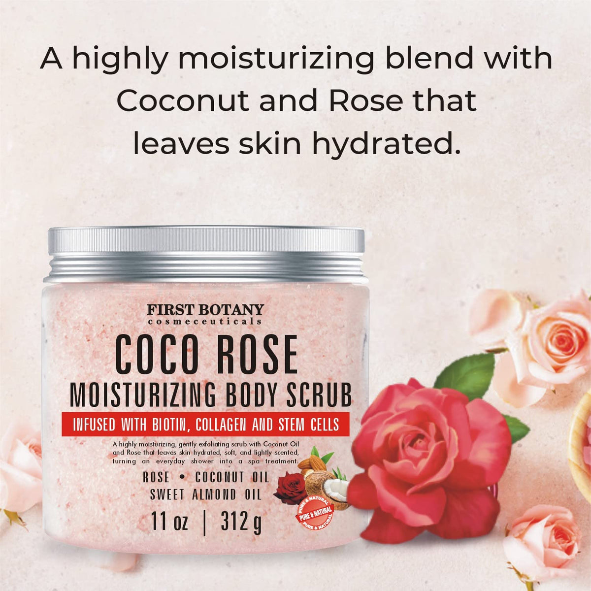 Coconut Rose Body Scrub Exfoliator With Biotin Collagen Stem Cells